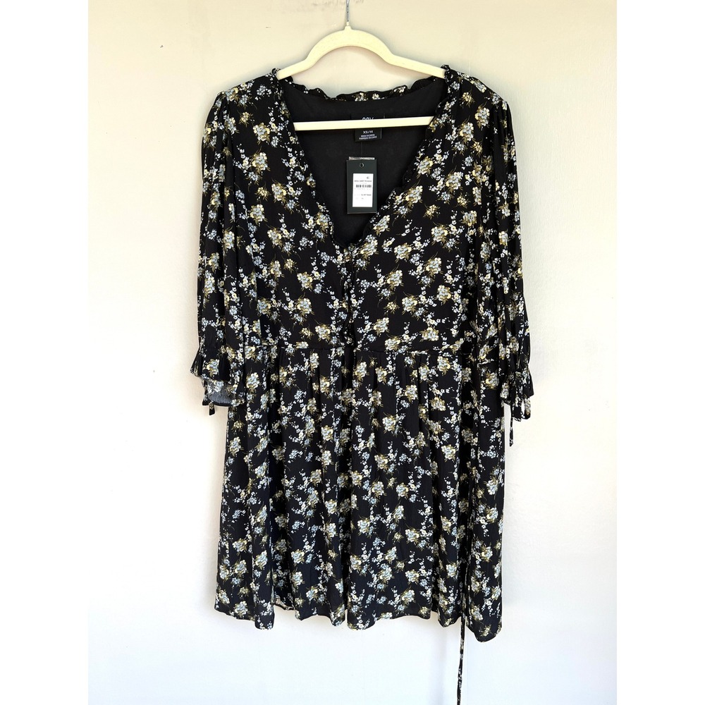 New CCX City Chic Floral Print Mini Dress Tie Sleeve V Neck Black XS Fall Dress‎